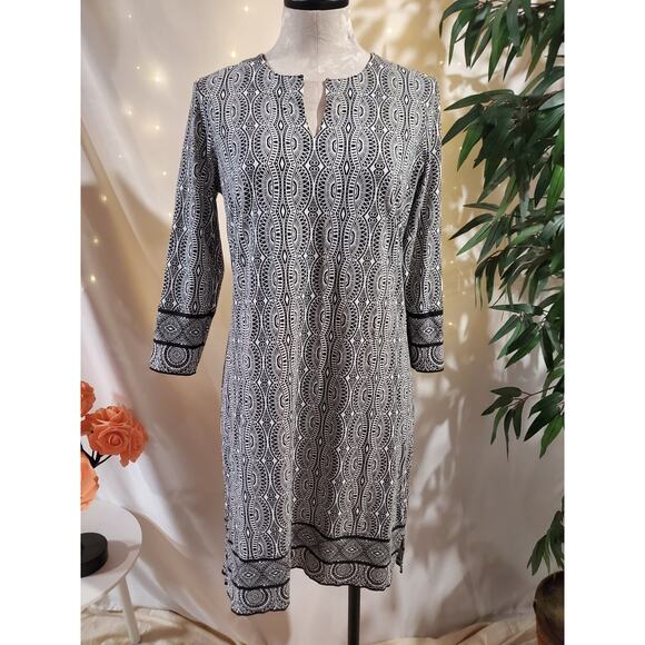 Coolibar Oceanside 3/4 Sleeve UPF 50+ Tunic Dress Size S Black White Medallion - Picture 1 of 10